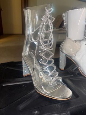 Cape Robbin Clear Lace-Up Gladiator Boots with Silver Glitter Heel